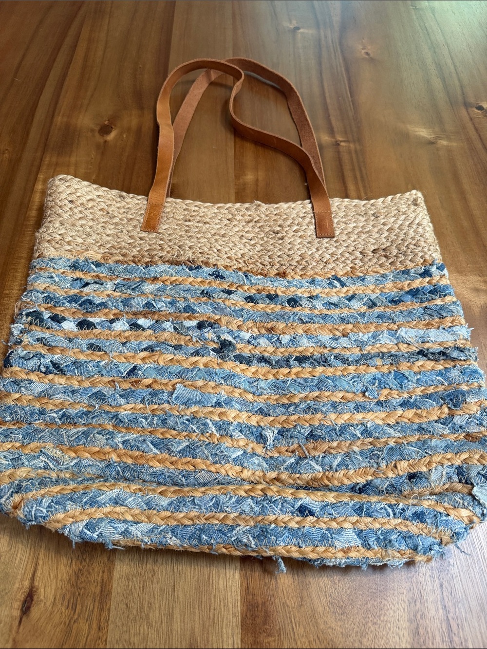 Jute & Denim Woven Tote Beach Bag With Leather Straps Handles